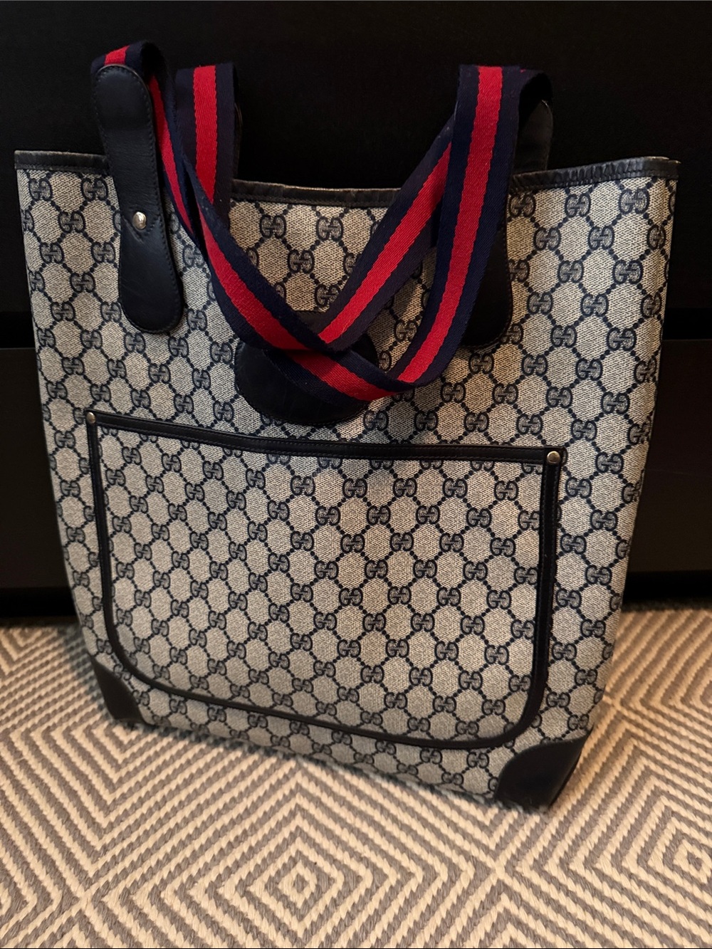 Gucci Beige & Navy GG Canvas Tote with Red and Blue Web Strap - Picture 1 of 11